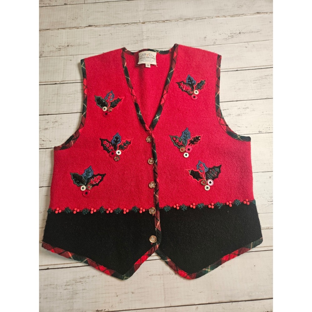 Vintage Susan Bristol Christmas Vest Red Wool Hand Embroidered Holly Plaid S